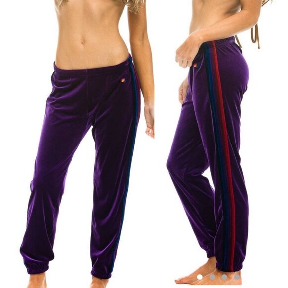 AVIATOR NATION 5 Stripe Velour Velvet Sweatpants in Purple Size S - Picture 1 of 14